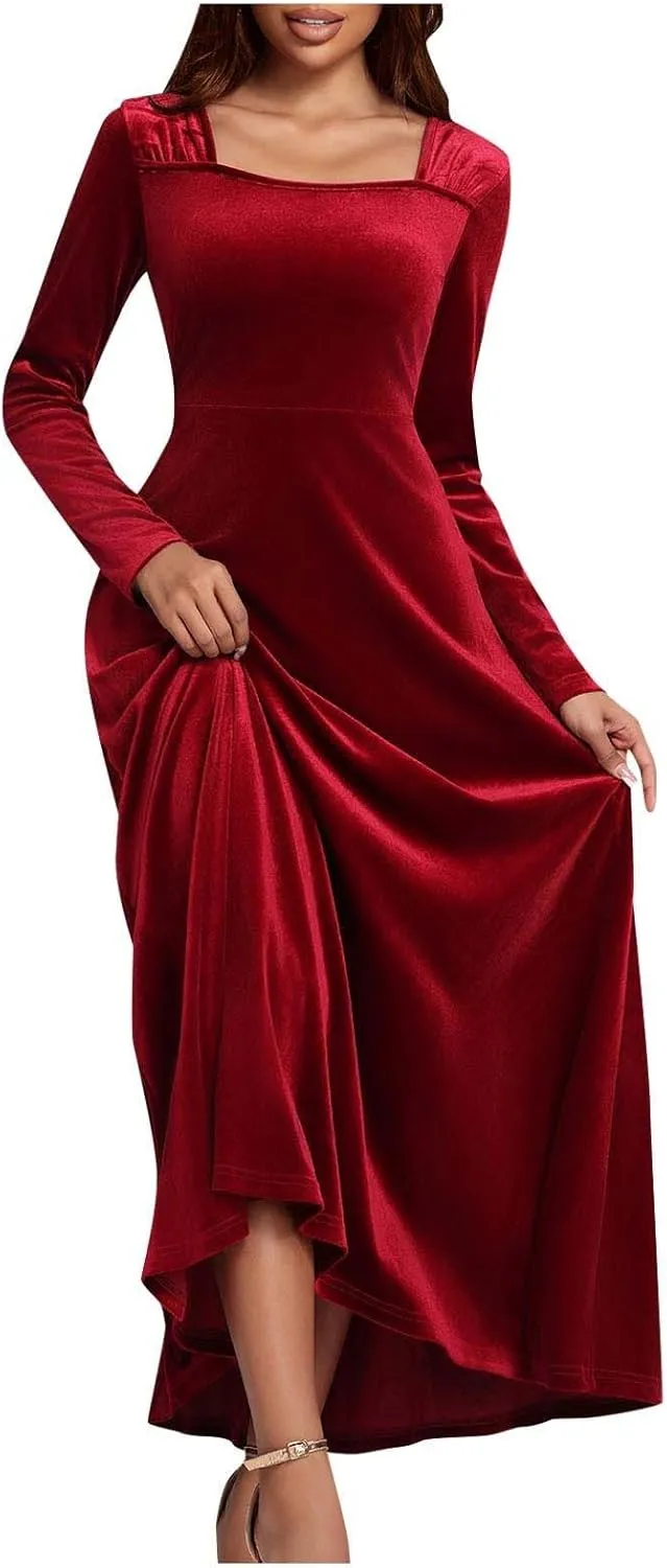 Vintage Velvet Flowy Maxi Gown for Women Square Neck Long Sleeve Empire Waist Dress Elegant Evening Formal Dresses