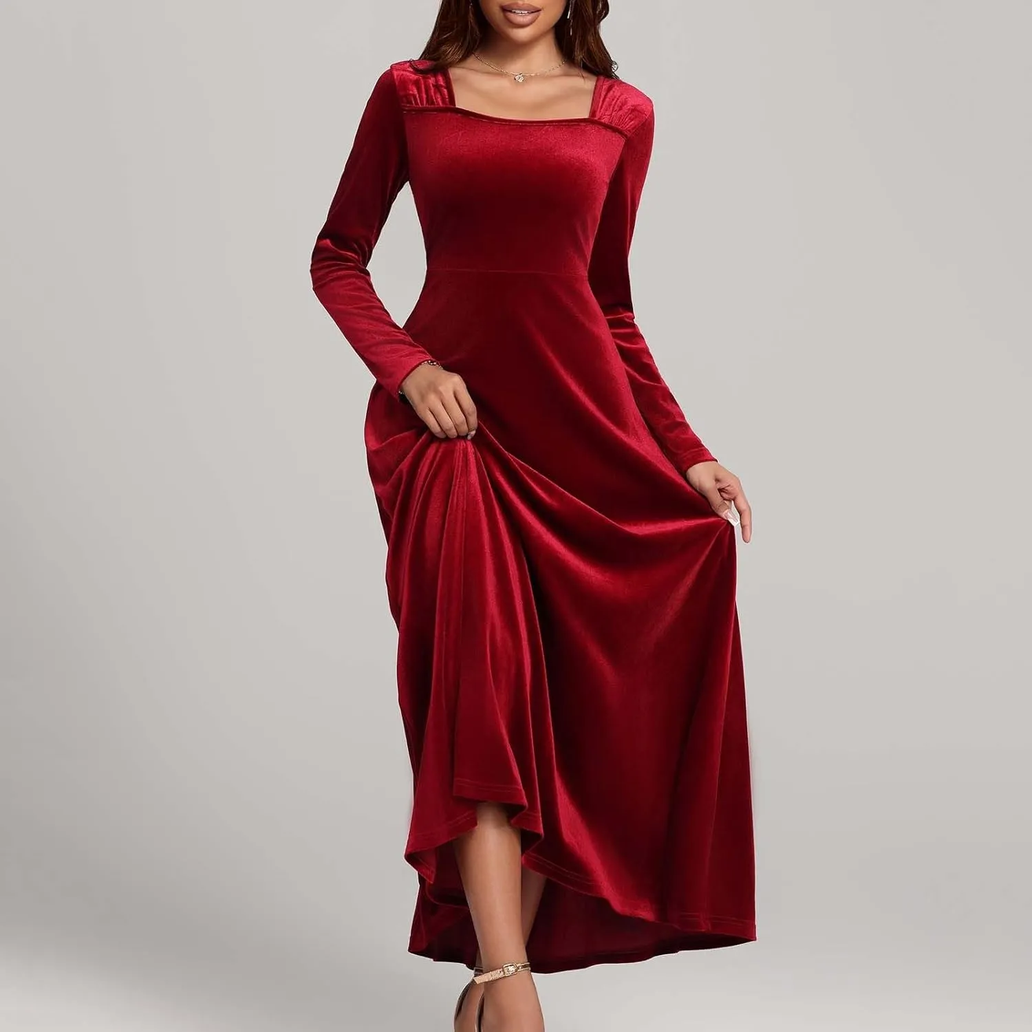 Vintage Velvet Flowy Maxi Gown for Women Square Neck Long Sleeve Empire Waist Dress Elegant Evening Formal Dresses