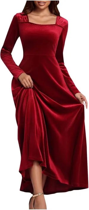Vintage Velvet Flowy Maxi Gown for Women Square Neck Long Sleeve Empire Waist Dress Elegant Evening Formal Dresses