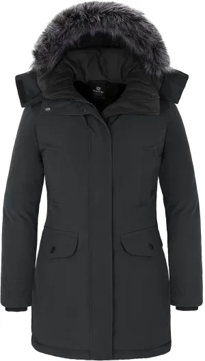 wantdo Women's Long Winter Coat Thick Puffer Jacket Faux Fur Hooded Parka Jacket