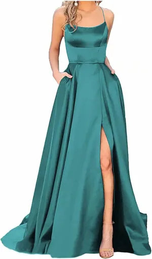 Wedding Guest Dresses for Women Spaghetti Strap Satin Backless Side Slit Long Prom Dress with Pockets Party Midi Dress