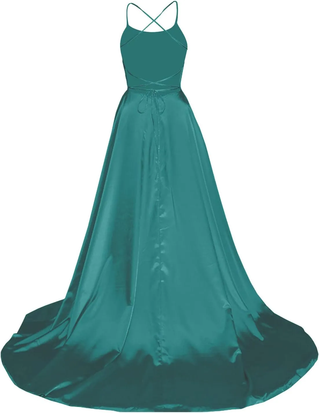 Wedding Guest Dresses for Women Spaghetti Strap Satin Backless Side Slit Long Prom Dress with Pockets Party Midi Dress