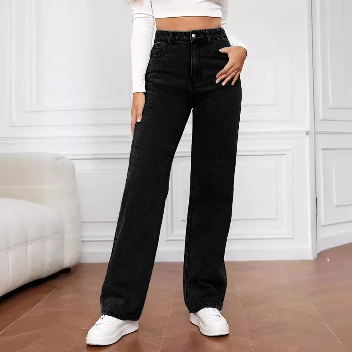 Wide Leg Jeans for Women High Waisted Stretchy Casual Denim Pants Vintage Wash Loose Comfy Jean Trousers with Pocket