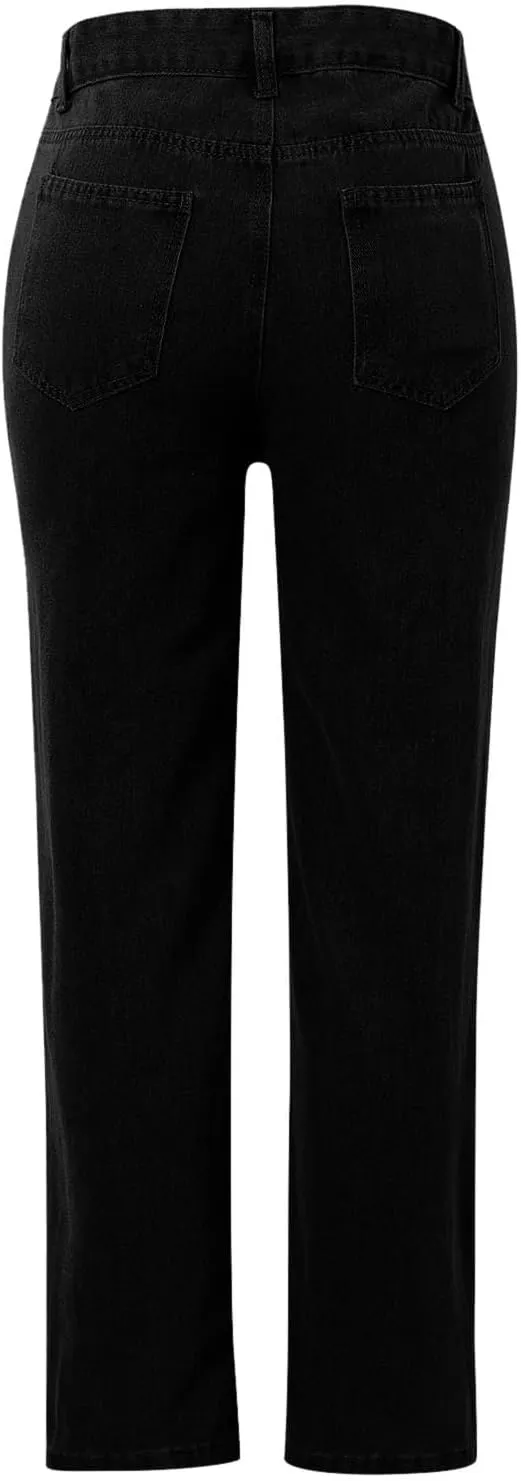 Wide Leg Jeans for Women High Waisted Stretchy Casual Denim Pants Vintage Wash Loose Comfy Jean Trousers with Pocket