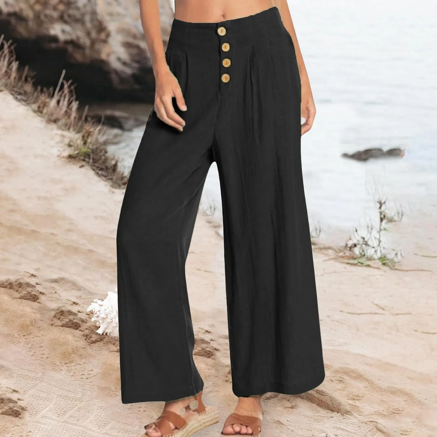 Wide Leg Linen Pants for Women Cotton Elastic Waisted Casual Loose Baggy Flowy Lounge Trousers with Pockets
