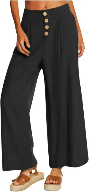 Wide Leg Linen Pants for Women Cotton Elastic Waisted Casual Loose Baggy Flowy Lounge Trousers with Pockets