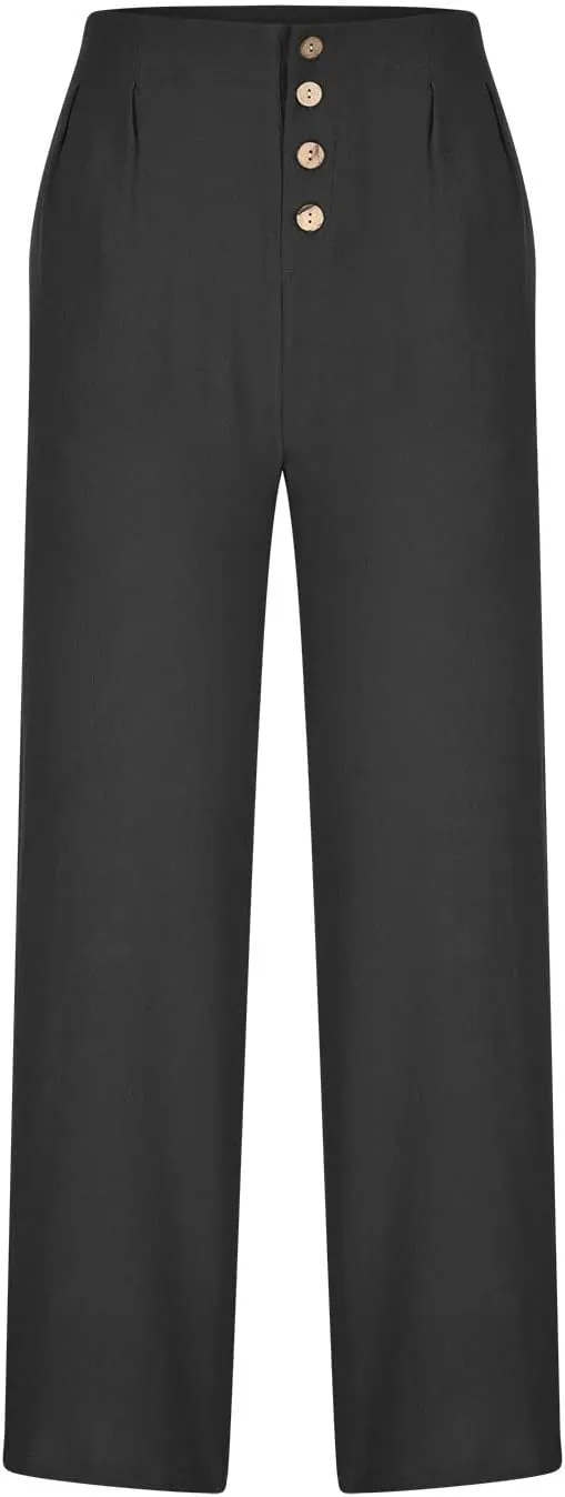 Wide Leg Linen Pants for Women Cotton Elastic Waisted Casual Loose Baggy Flowy Lounge Trousers with Pockets