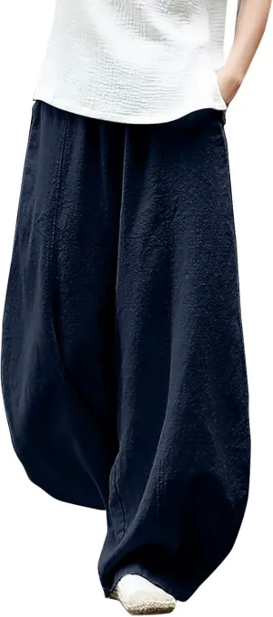Wide Leg Linen Pants for Women Summer Baggy Japanese Style Palazzo Pants Boho Floral Lantern Trousers with Pockets