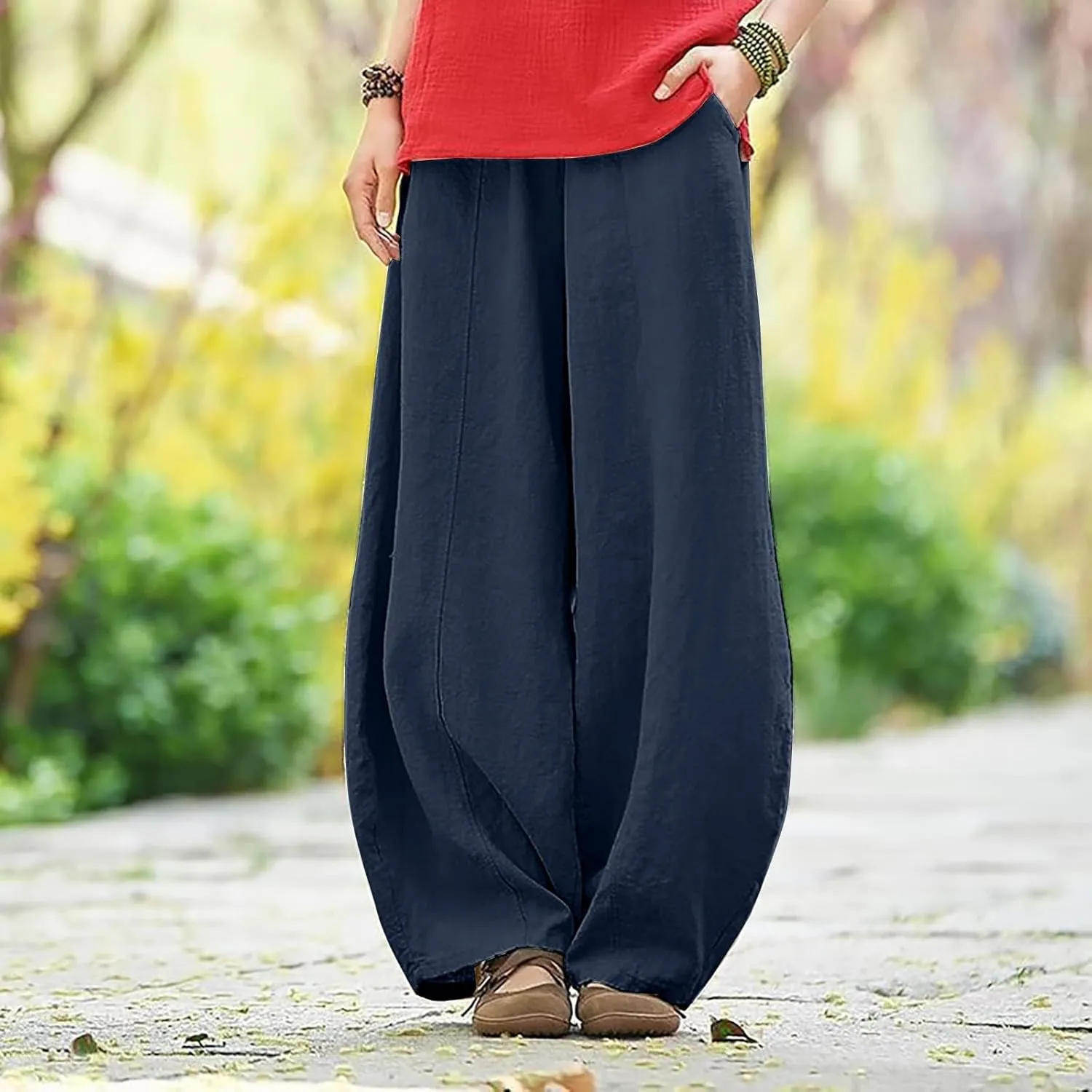 Wide Leg Linen Pants for Women Summer Baggy Japanese Style Palazzo Pants Boho Floral Lantern Trousers with Pockets