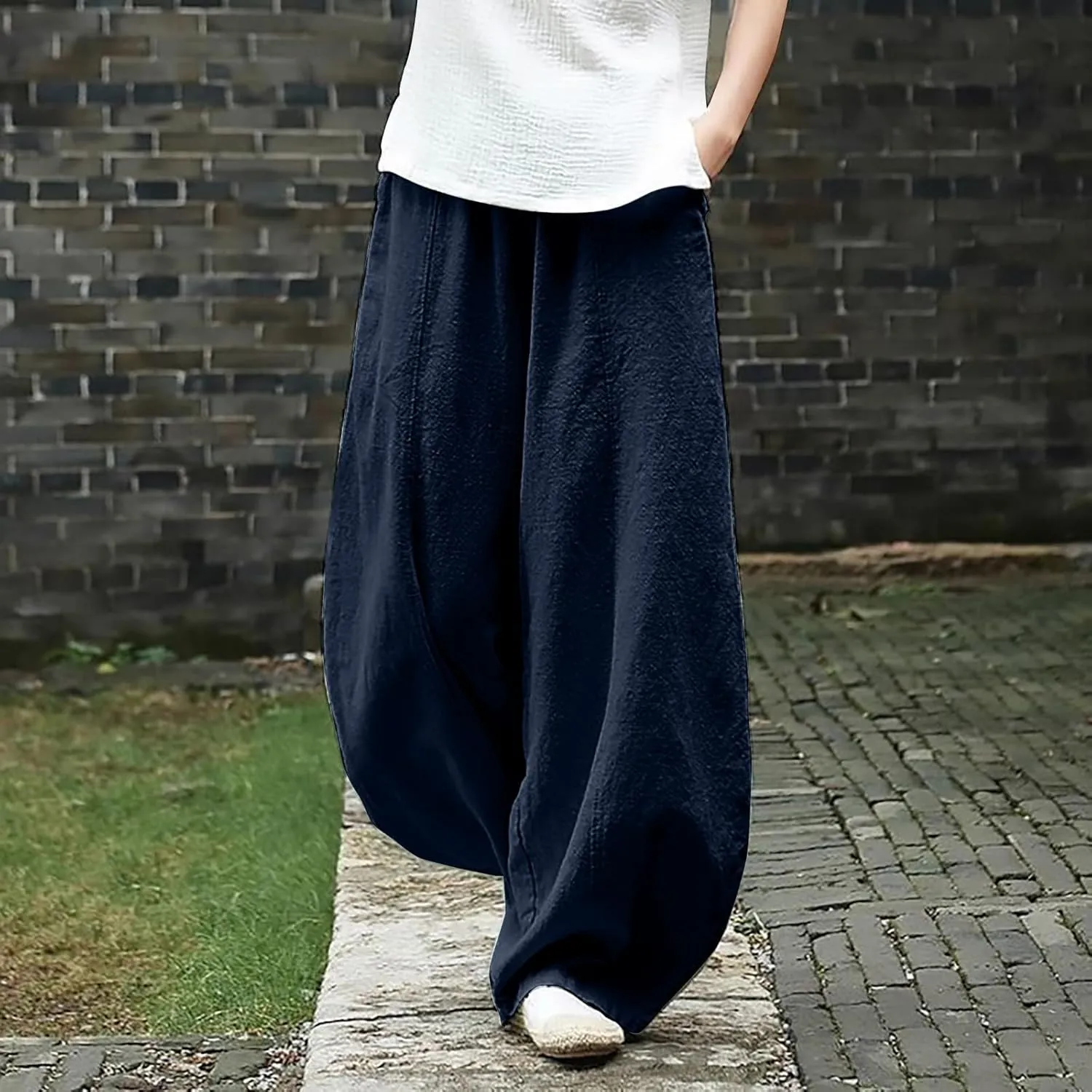 Wide Leg Linen Pants for Women Summer Baggy Japanese Style Palazzo Pants Boho Floral Lantern Trousers with Pockets