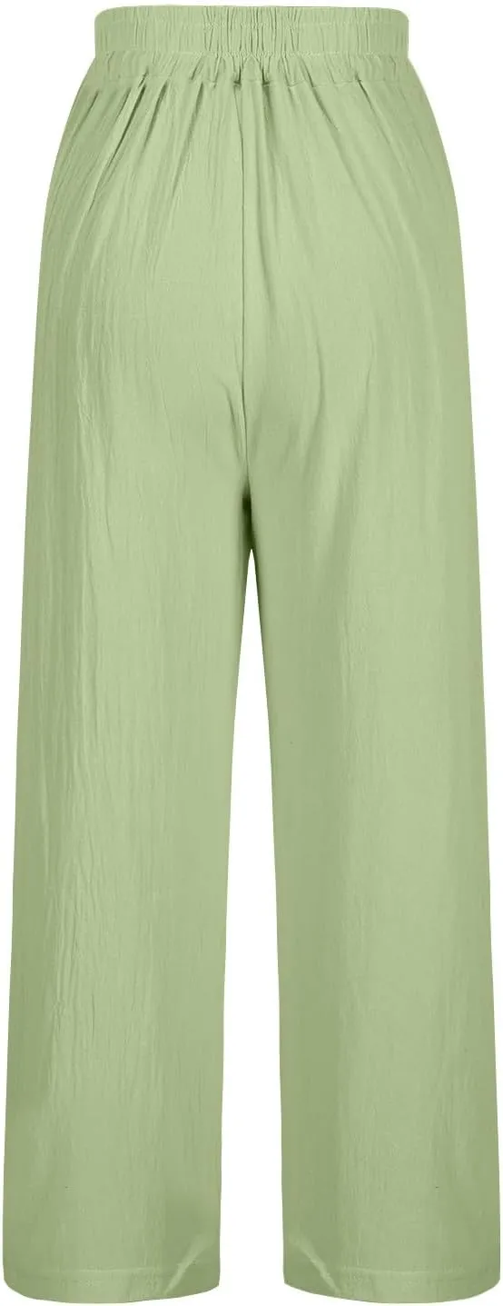 Wide Leg Linen Pants for Women Vintage Floral Embroidered Cropped Trousers High Elastic Waist Summer Beach Pants