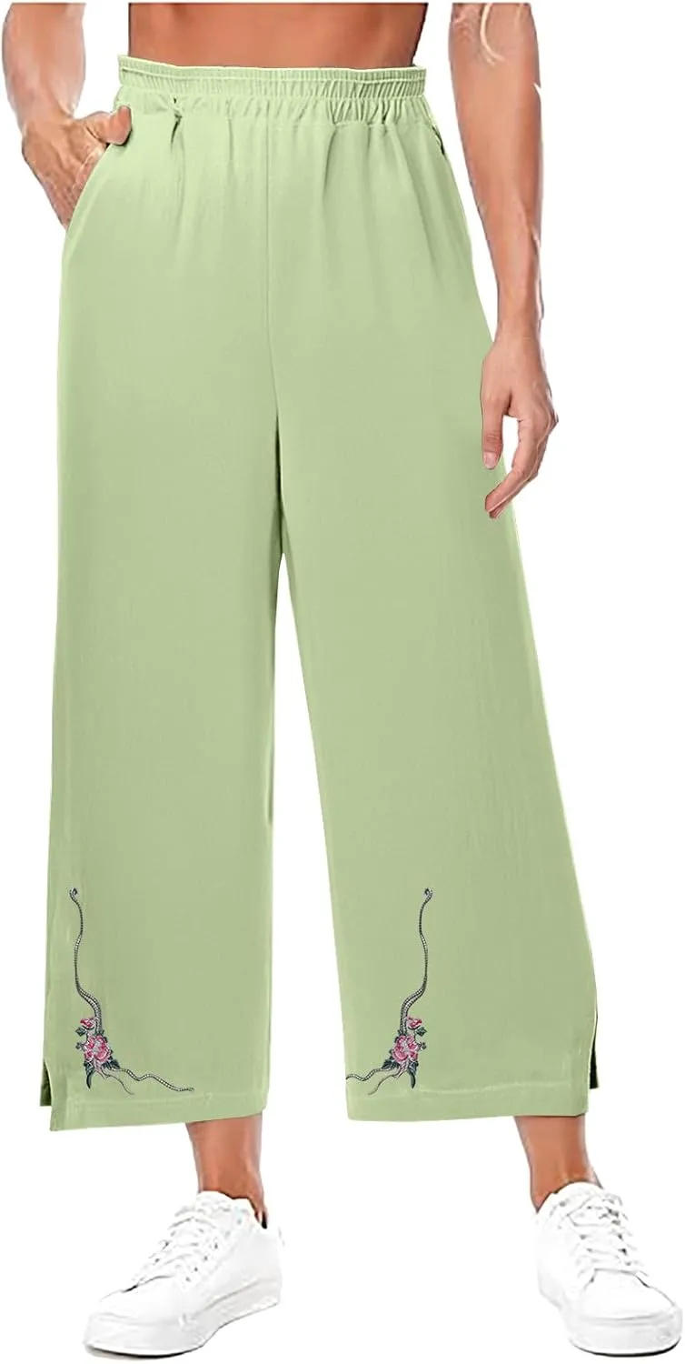 Wide Leg Linen Pants for Women Vintage Floral Embroidered Cropped Trousers High Elastic Waist Summer Beach Pants