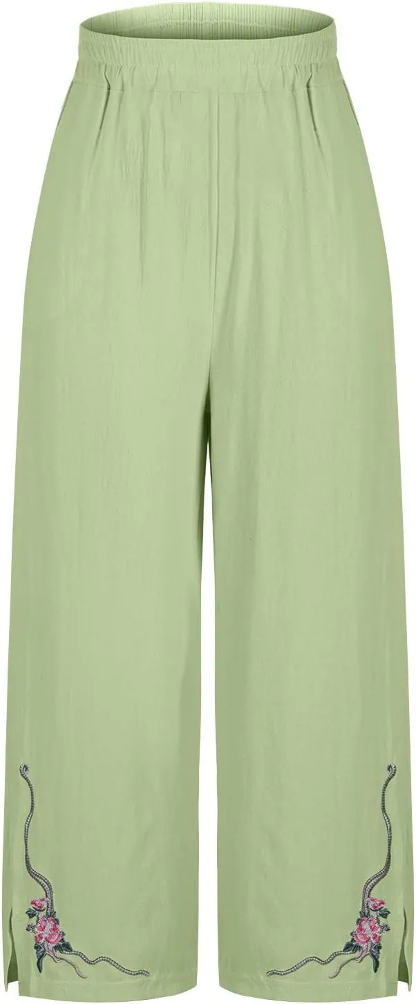 Wide Leg Linen Pants for Women Vintage Floral Embroidered Cropped Trousers High Elastic Waist Summer Beach Pants