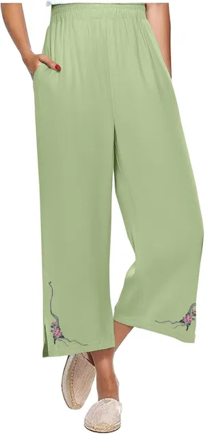 Wide Leg Linen Pants for Women Vintage Floral Embroidered Cropped Trousers High Elastic Waist Summer Beach Pants