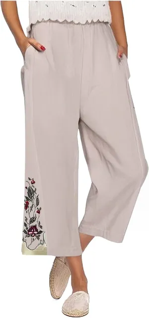 Wide Leg Linen Pants for Women Vintage Floral Embroidered Cropped Trousers High Elastic Waist Summer Beach Pants