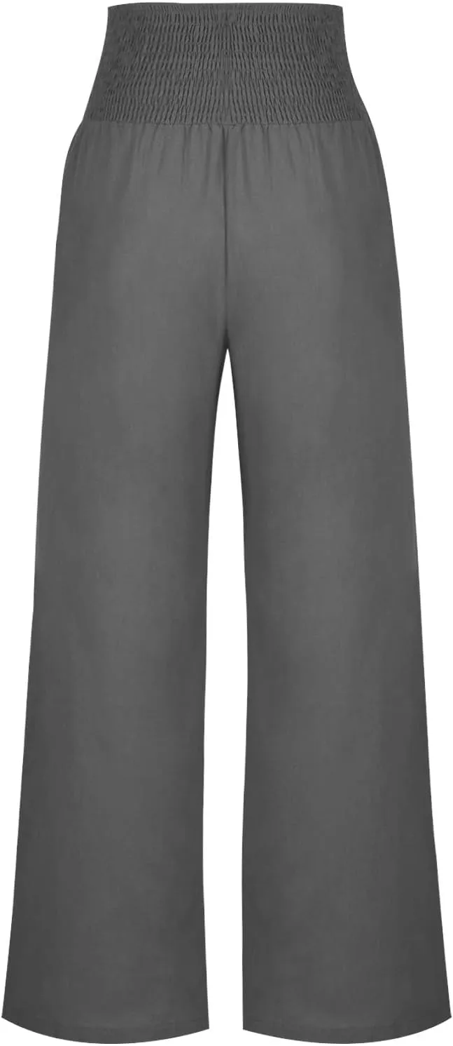 Wide Leg Pants Women Comfy Flowy Cotton and Linen Trousers Summer High Waisted Straight Palazzo Pants with Pockets 2024