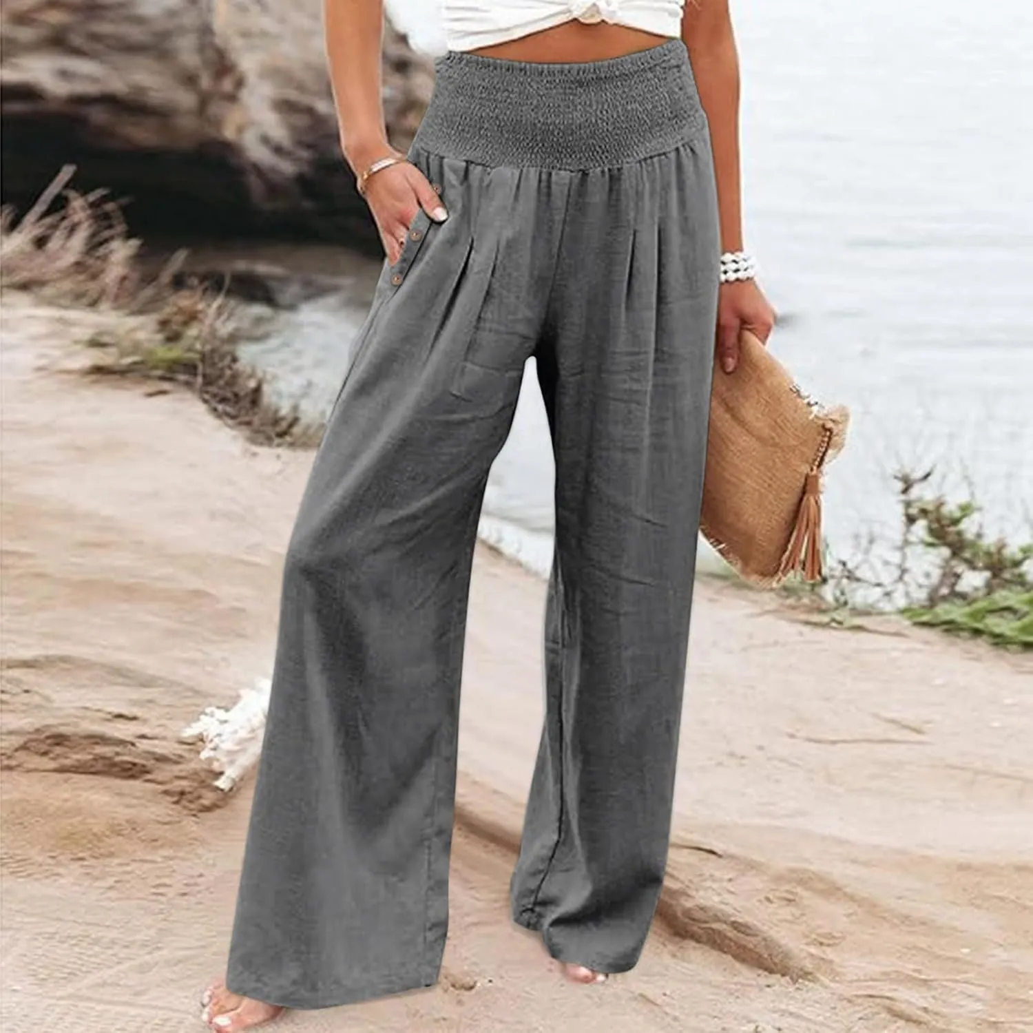 Wide Leg Pants Women Comfy Flowy Cotton and Linen Trousers Summer High Waisted Straight Palazzo Pants with Pockets 2024