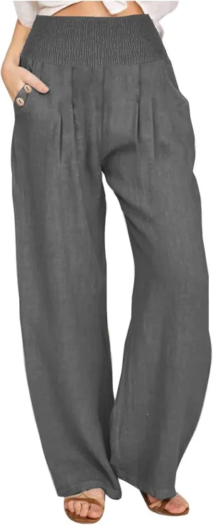Wide Leg Pants Women Comfy Flowy Cotton and Linen Trousers Summer High Waisted Straight Palazzo Pants with Pockets 2024
