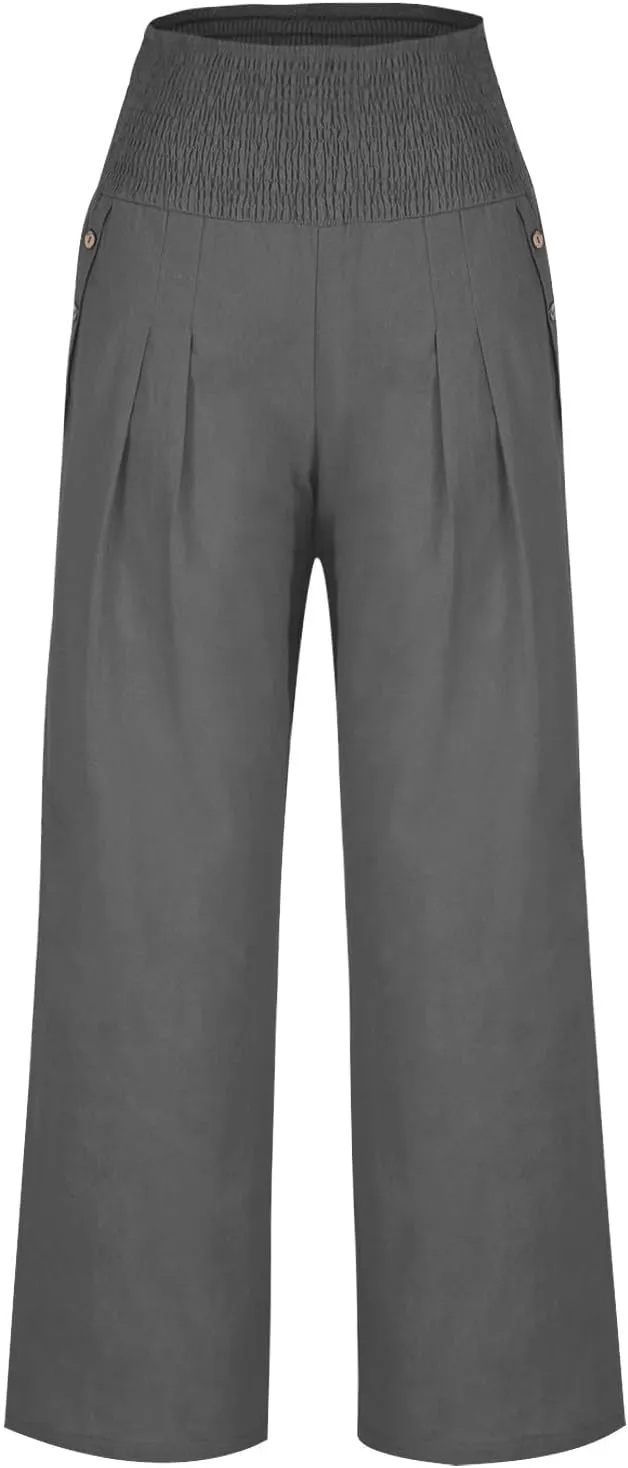 Wide Leg Pants Women Comfy Flowy Cotton and Linen Trousers Summer High Waisted Straight Palazzo Pants with Pockets 2024