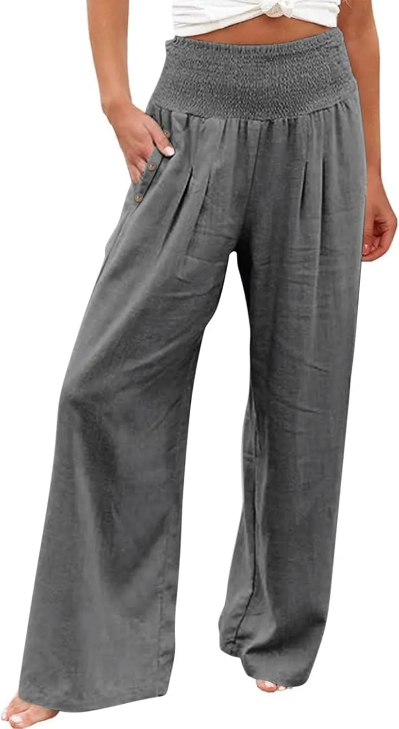 Wide Leg Pants Women Comfy Flowy Cotton and Linen Trousers Summer High Waisted Straight Palazzo Pants with Pockets 2024
