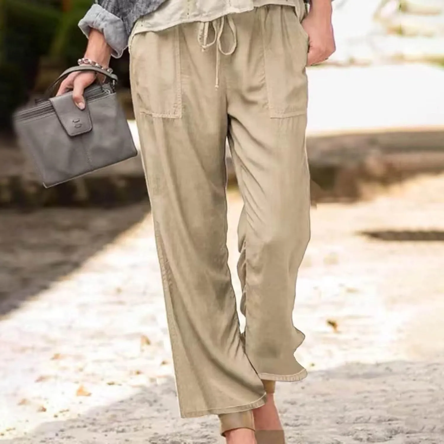 Wide Leg Pants Women Summer 2024 Trendy Straight Leg Pants Cotton Linen Drawstring Elastic Trousers with Pockets
