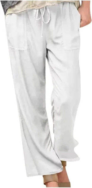 Wide Leg Pants Women Summer 2024 Trendy Straight Leg Pants Cotton Linen Drawstring Elastic Trousers with Pockets