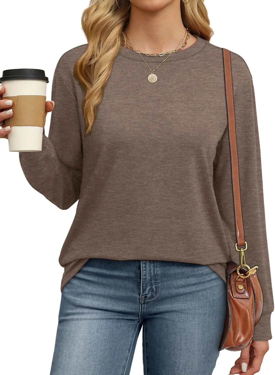 WIHOLL Womens Long Sleeve Shirts Loose Fits Fall Outfits Basic Casual Tunic Tops Crewneck Clothes