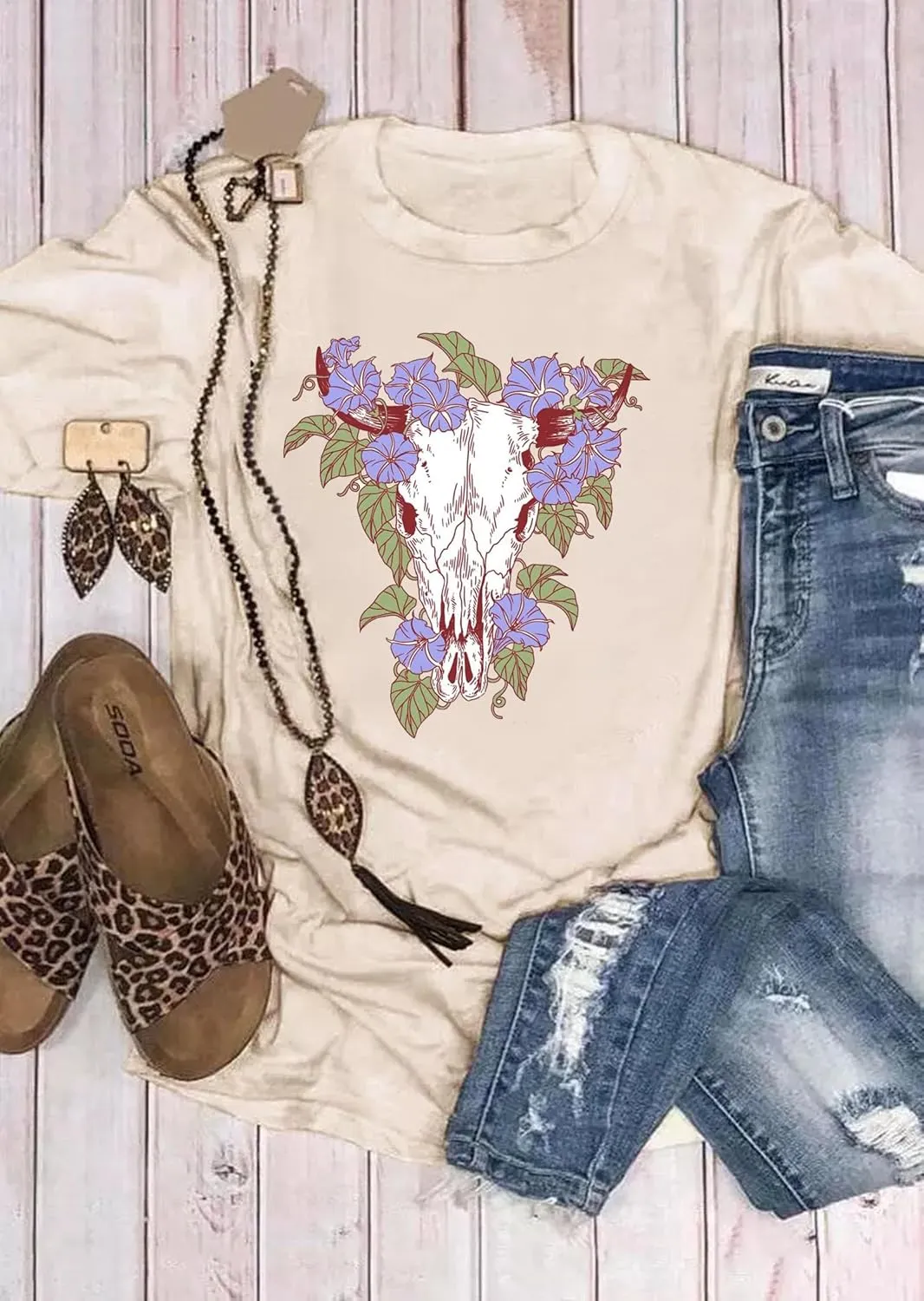 Wild Soul T-Shirt Women Vintage Western Bleached Tee Tops Boho Cow Skull Rodeo Shirt Western Cowgirls Casual Shirt Tops