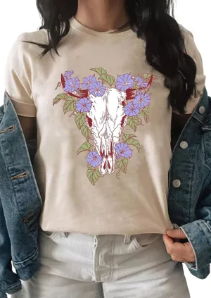 Wild Soul T-Shirt Women Vintage Western Bleached Tee Tops Boho Cow Skull Rodeo Shirt Western Cowgirls Casual Shirt Tops