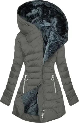 with Hood Winter Parka Jackets Fleece Lined Coats Ladies Padded Thermal Overcoat with Faux Hooded Windproof Thicken