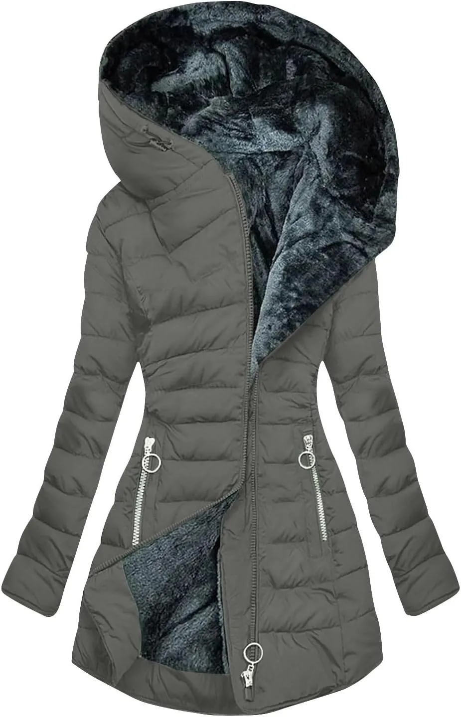 with Hood Winter Parka Jackets Fleece Lined Coats Ladies Padded Thermal Overcoat with Faux Hooded Windproof Thicken