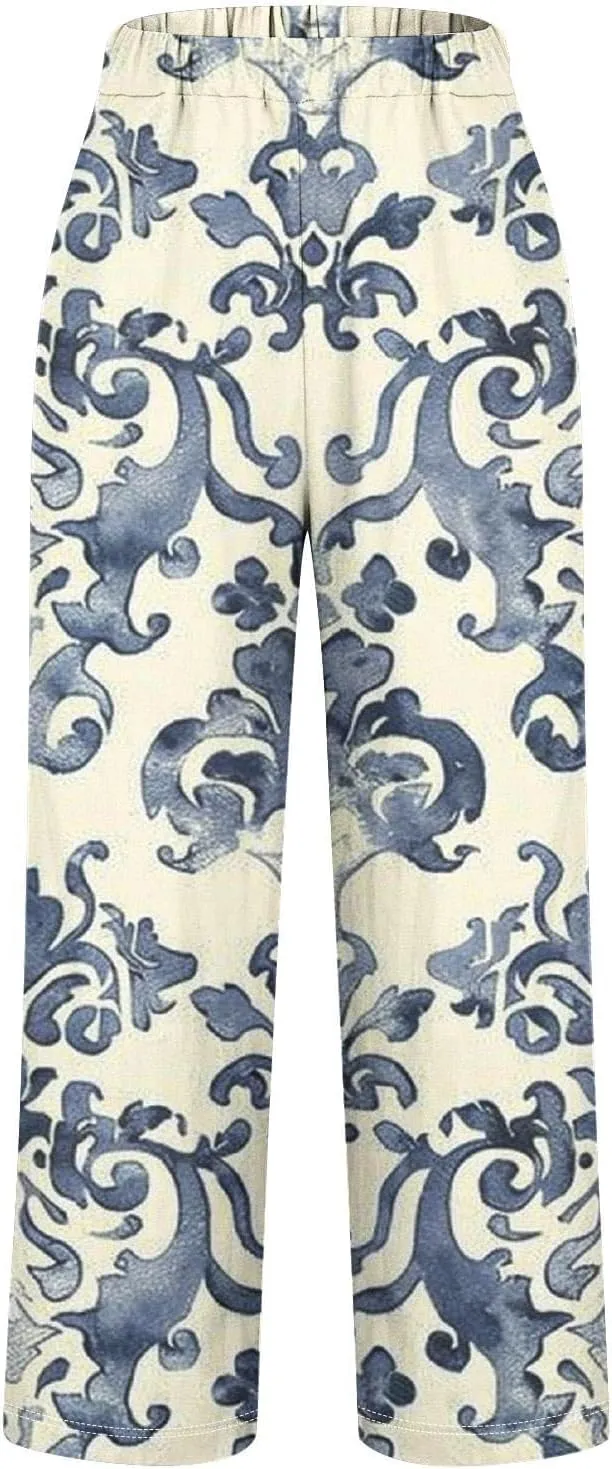 Woman Wide Leg Linen Pants 2025 Women's Botanical Floral Print Loose Pocket Casual Cotton and Linen Pants