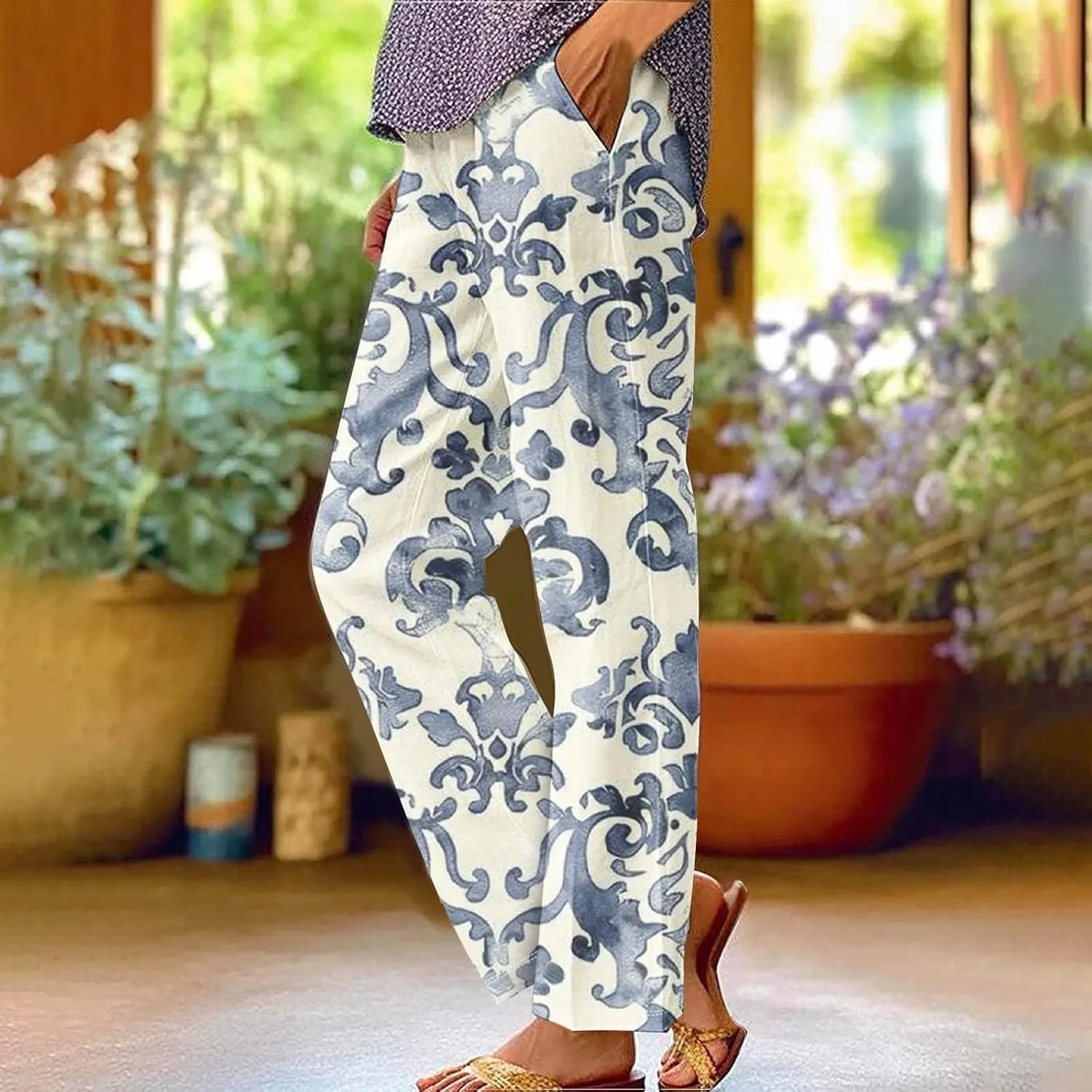Woman Wide Leg Linen Pants 2025 Women's Botanical Floral Print Loose Pocket Casual Cotton and Linen Pants
