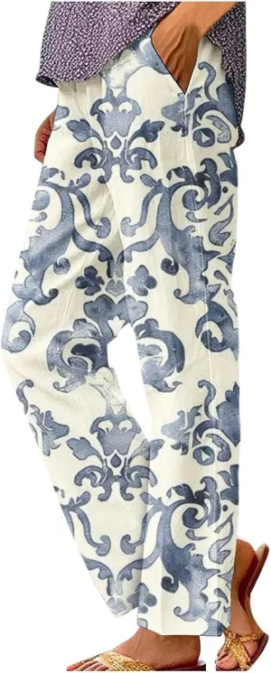 Woman Wide Leg Linen Pants 2025 Women's Botanical Floral Print Loose Pocket Casual Cotton and Linen Pants