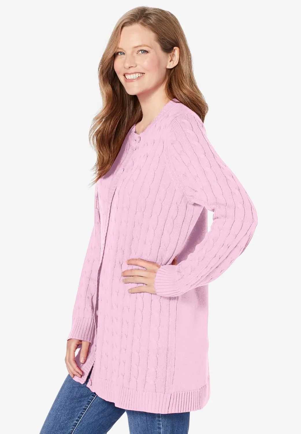 Woman Within Plus Size Cotton Cable Knit Cardigan Sweater