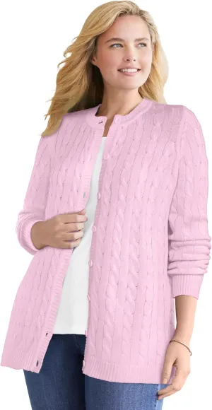 Woman Within Plus Size Cotton Cable Knit Cardigan Sweater
