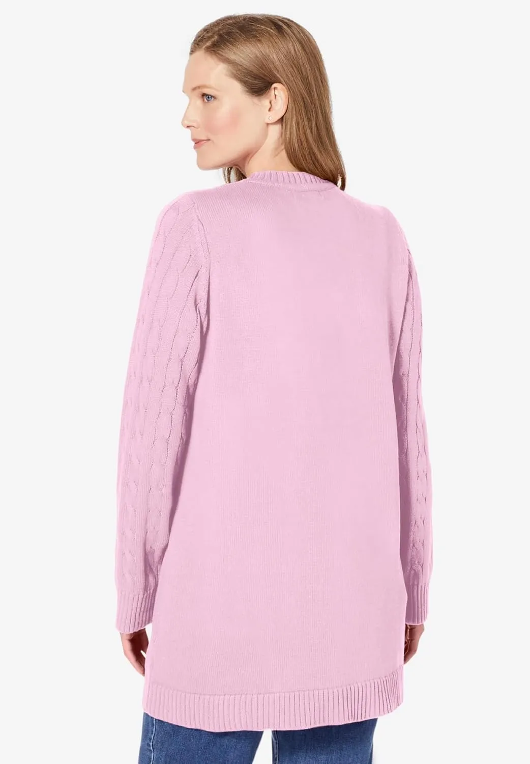 Woman Within Plus Size Cotton Cable Knit Cardigan Sweater