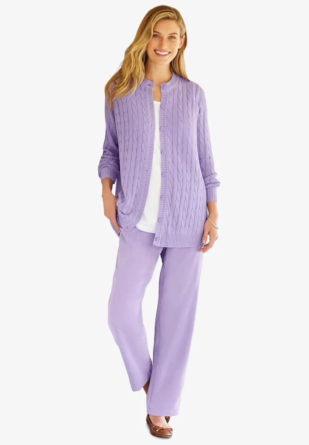 Woman Within Plus Size Cotton Cable Knit Cardigan Sweater