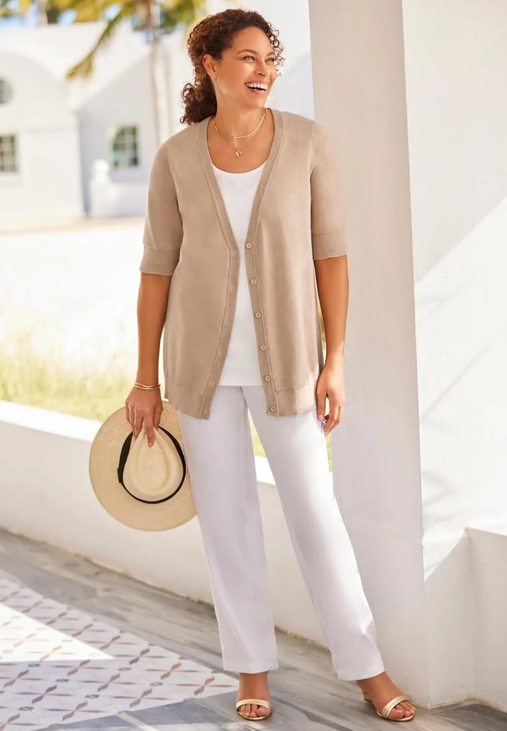 Woman Within Plus Size Lightweight Short Sleeve V-Neck Cardigan