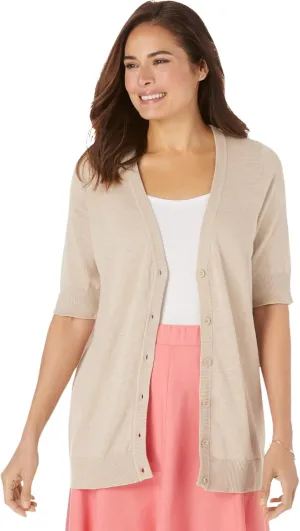Woman Within Plus Size Lightweight Short Sleeve V-Neck Cardigan