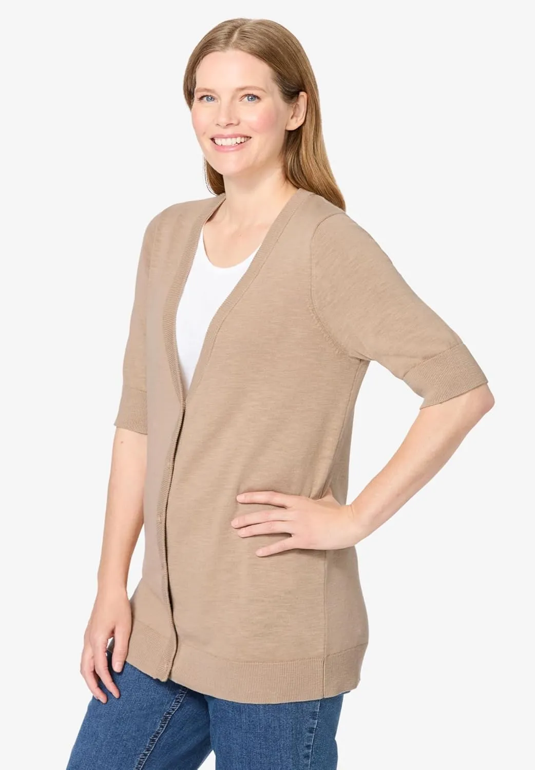 Woman Within Plus Size Lightweight Short Sleeve V-Neck Cardigan
