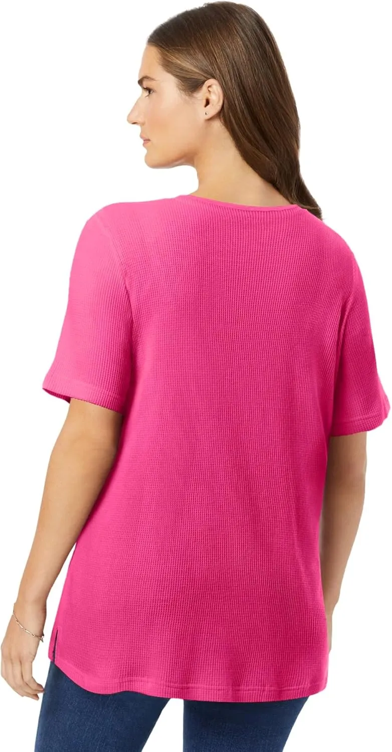 Woman Within Women's Plus Size Waffle Thermal Satin Trim Tee