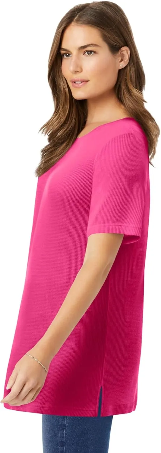 Woman Within Women's Plus Size Waffle Thermal Satin Trim Tee