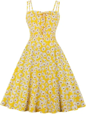 Women 1950s Retro Dress Daisy Print Swing Cocktail Dresses Spaghetti Straps Tie Front Plus Size Cute Tea Party Dress