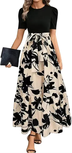 Women 2025 Casual Dresses with Pockets Ruffle Short Sleeve Summer Maxi Dress Long Flowy Floral Printed Dresses