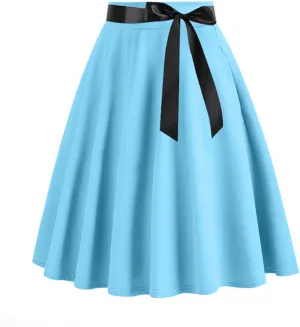 Women 50s Vintage Skirts Cosplay Retro Hepburn Style High Waist Midi Skirt Pleated Bow Belt Flared A-Line Swing Skirt