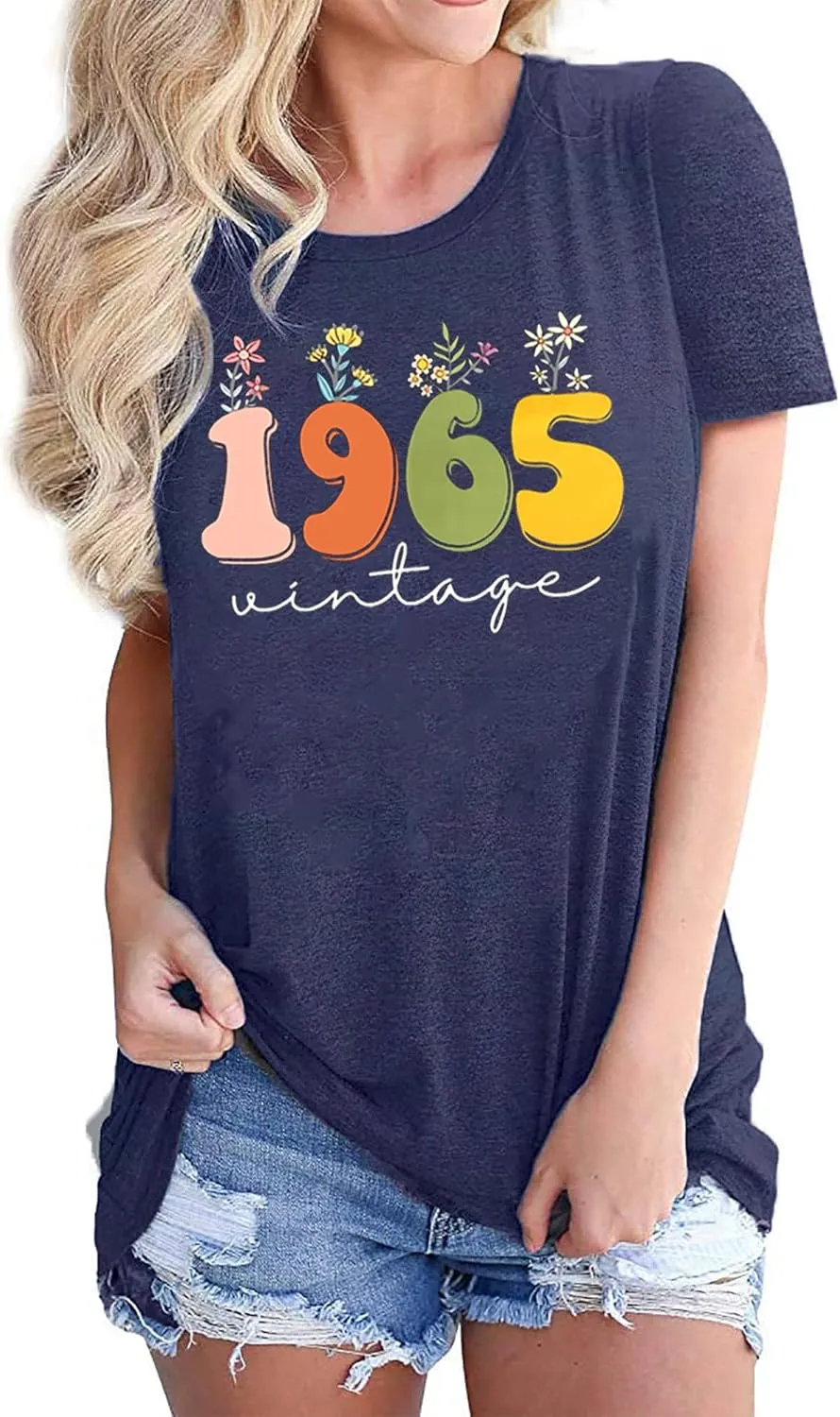 Women 60th Birthday Shirt Vintage 1965 Tshirt Sixty Bday Gift Casual Birthday Apparel Flower Graphic Short Sleeves Tee