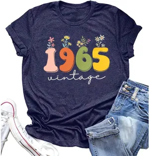Women 60th Birthday Shirt Vintage 1965 Tshirt Sixty Bday Gift Casual Birthday Apparel Flower Graphic Short Sleeves Tee