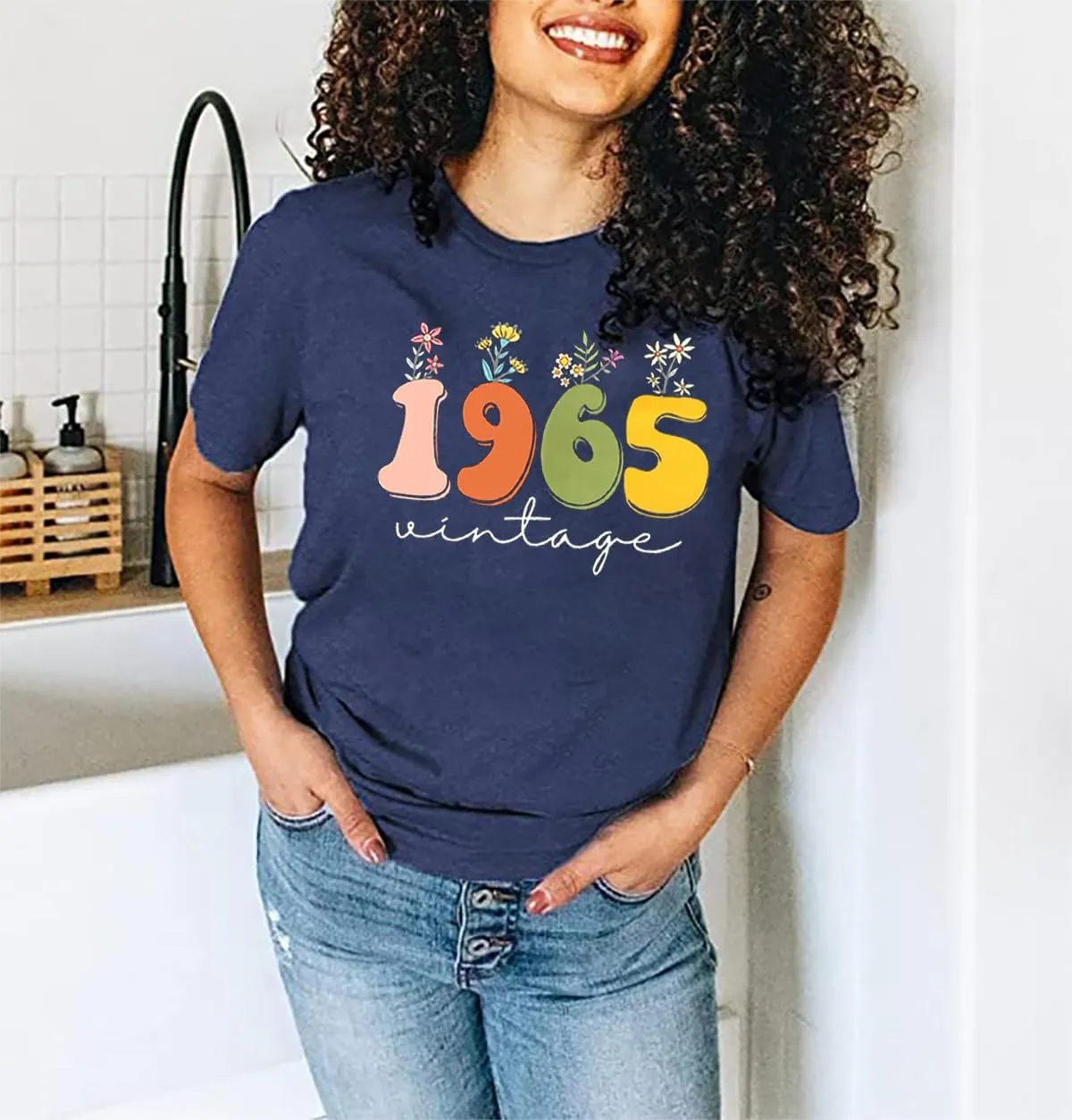 Women 60th Birthday Shirt Vintage 1965 Tshirt Sixty Bday Gift Casual Birthday Apparel Flower Graphic Short Sleeves Tee