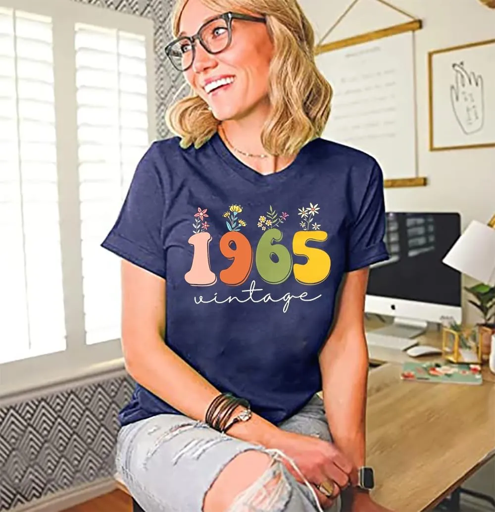 Women 60th Birthday Shirt Vintage 1965 Tshirt Sixty Bday Gift Casual Birthday Apparel Flower Graphic Short Sleeves Tee